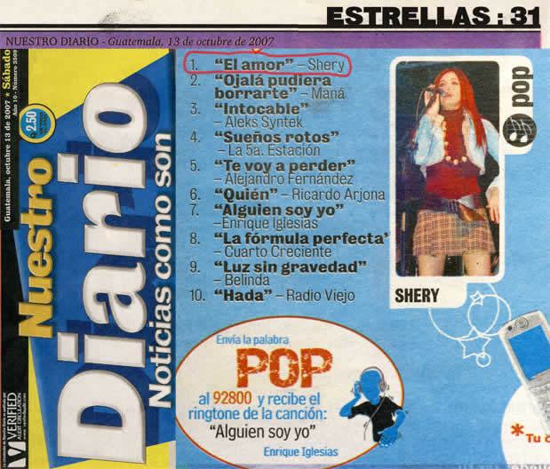 Nuestro Diario: Shery en primer lugar de radio a nivel nacional con "El  Amor"